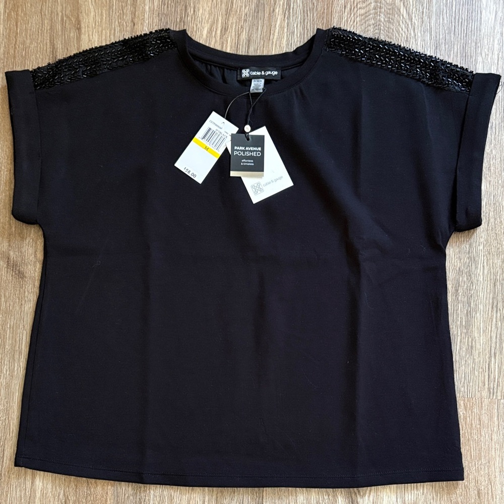 Cable & Gauge Black Top with Sequin Shoulders